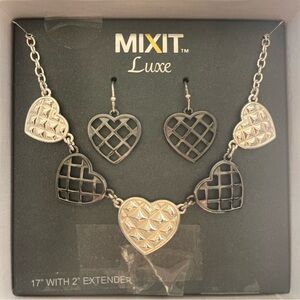 MIXIT Set  Heart Necklace with Matching Earrings.  Silver and Gunmetal Black NEW